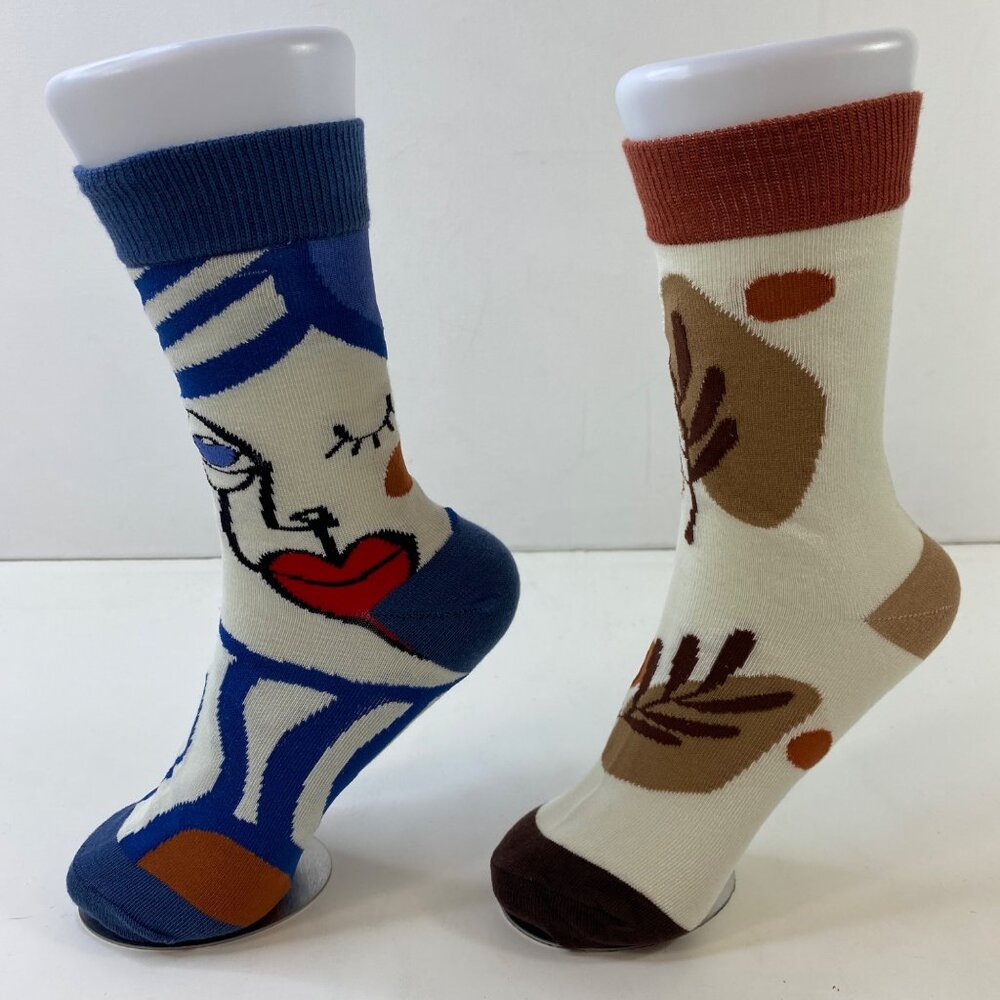 Womens Abstract Art Nature-Inspired Socks 2 Pack Ribbed Cuffs Cream Blue Brown